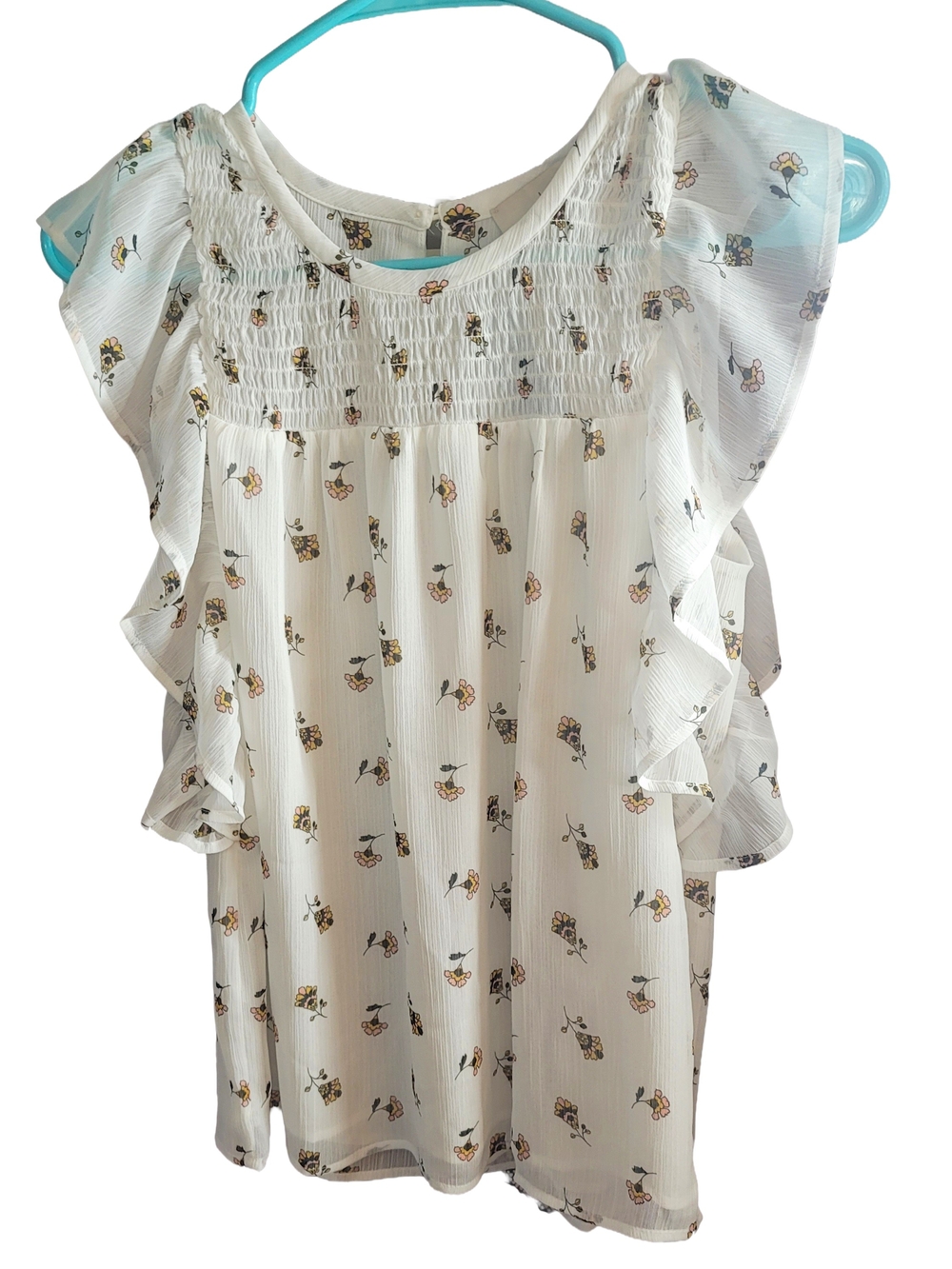 LOFT White Floral Ruffle-Sleeve Blouse